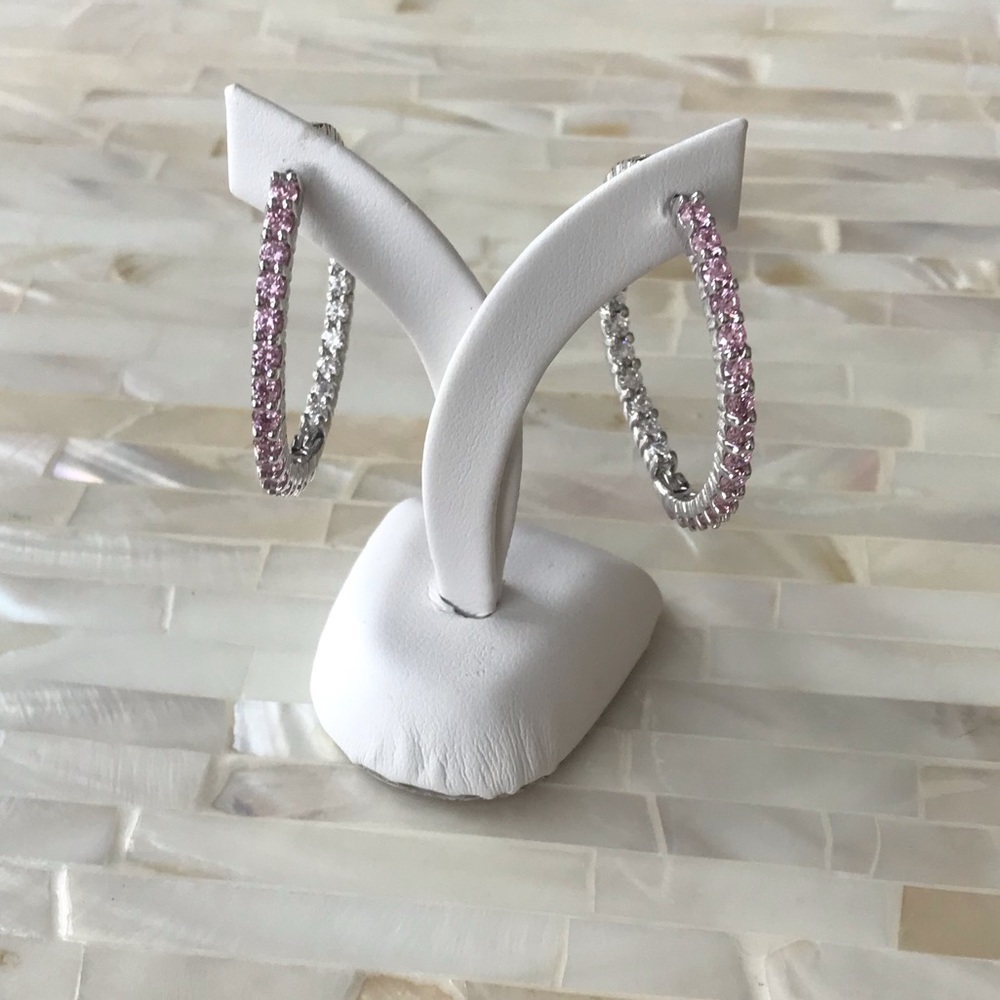 Pink and White CZ Sterling Silver Hoops